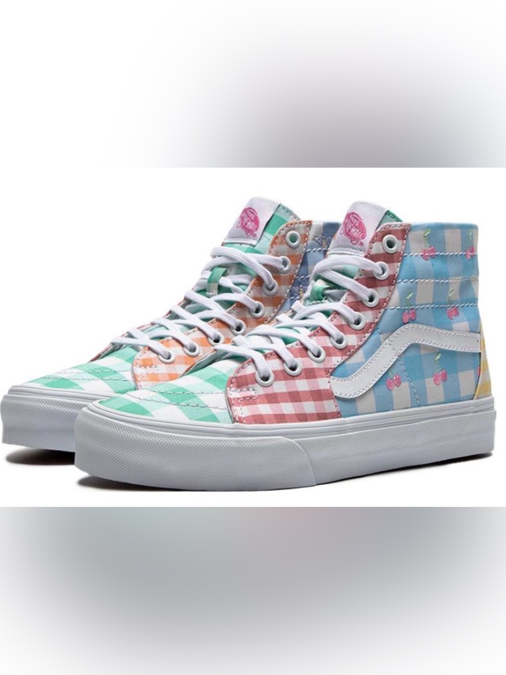 Vans Sk8-Hi Tapered Gingham pastel checkered Block sneakers with cherries & bees